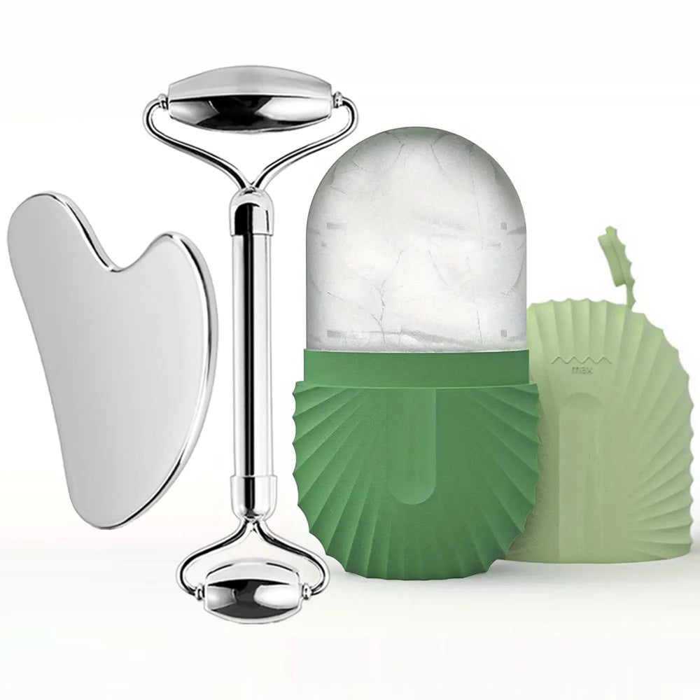 Ice Face Roller Set Stainless Steel Facial Roller and Gua Sha Tool