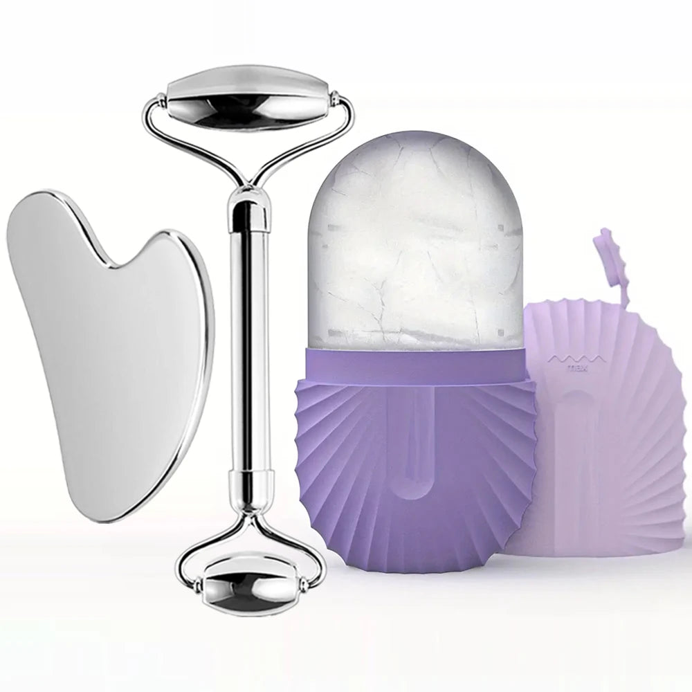 Ice Face Roller Set Stainless Steel Facial Roller and Gua Sha Tool