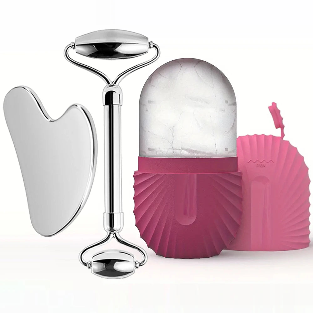 Ice Face Roller Set Stainless Steel Facial Roller and Gua Sha Tool