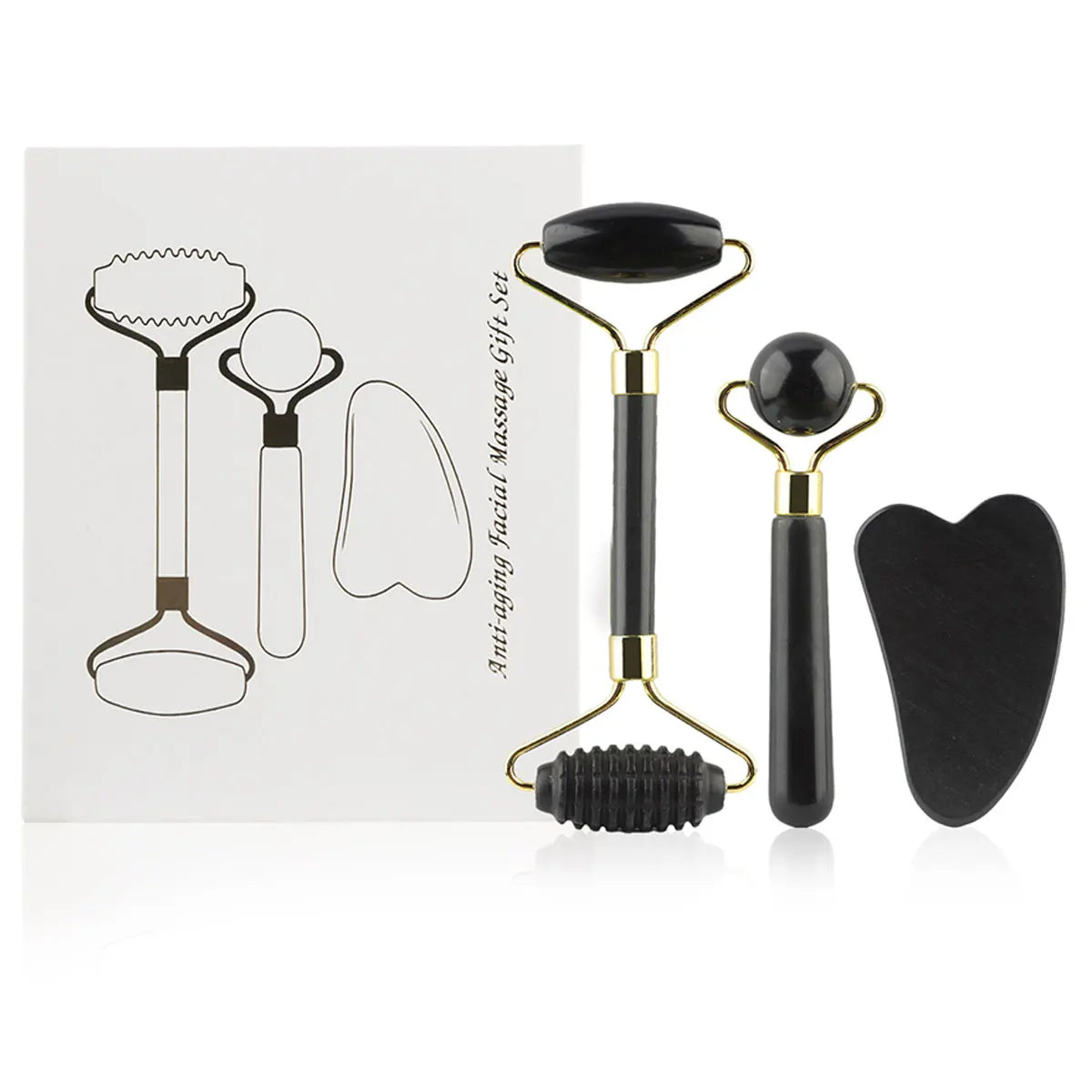 3 in 1 Jade Roller Set for face and eyes. Includes Gua Sha
