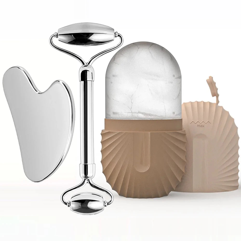 Ice Face Roller Set Stainless Steel Facial Roller and Gua Sha Tool