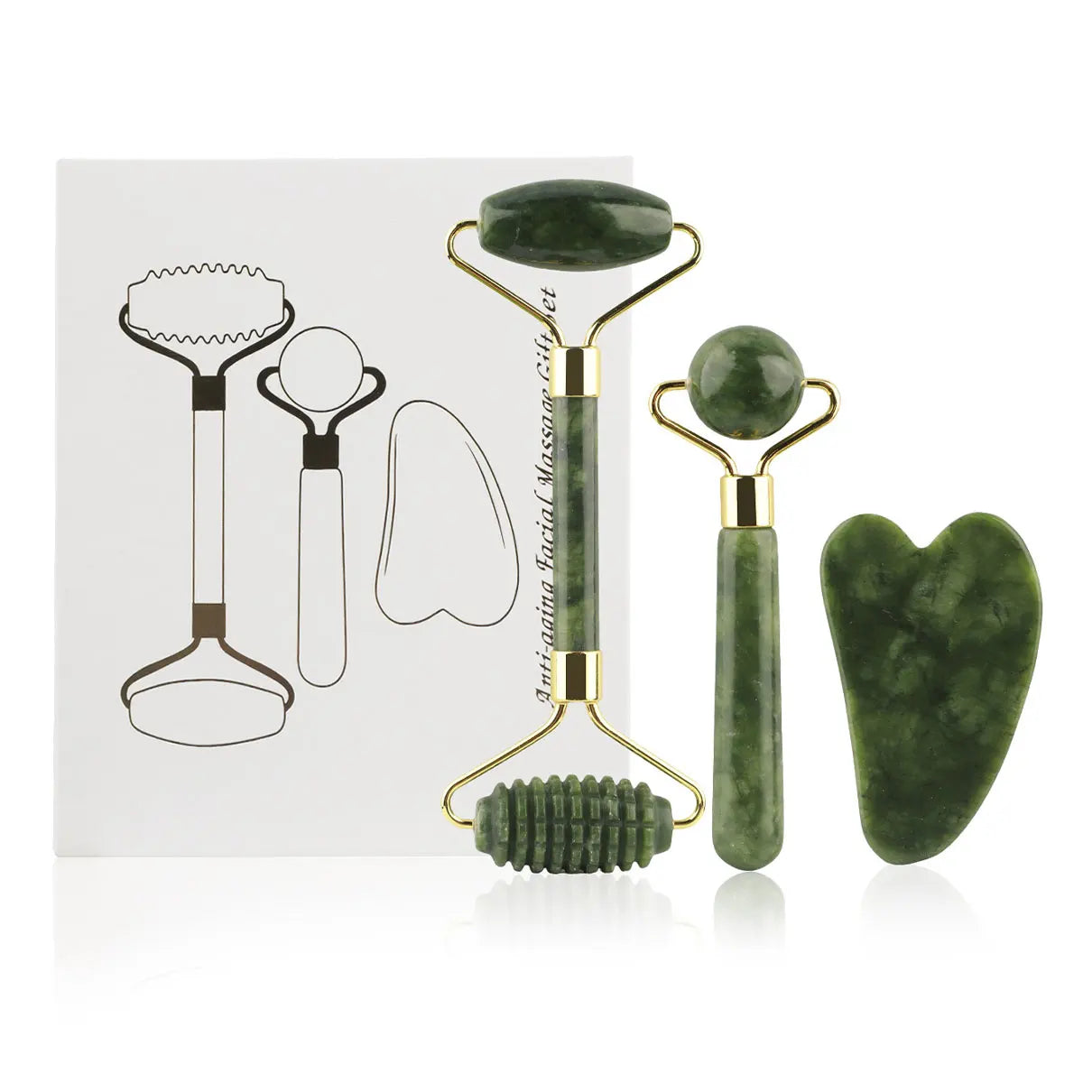 3 in 1 Jade Roller Set for face and eyes. Includes Gua Sha