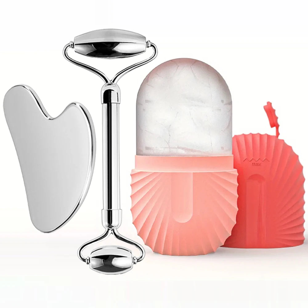 Ice Face Roller Set Stainless Steel Facial Roller and Gua Sha Tool