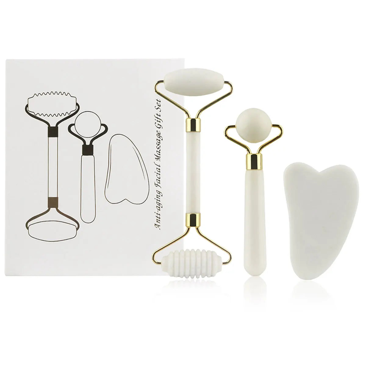 3 in 1 Jade Roller Set for face and eyes. Includes Gua Sha