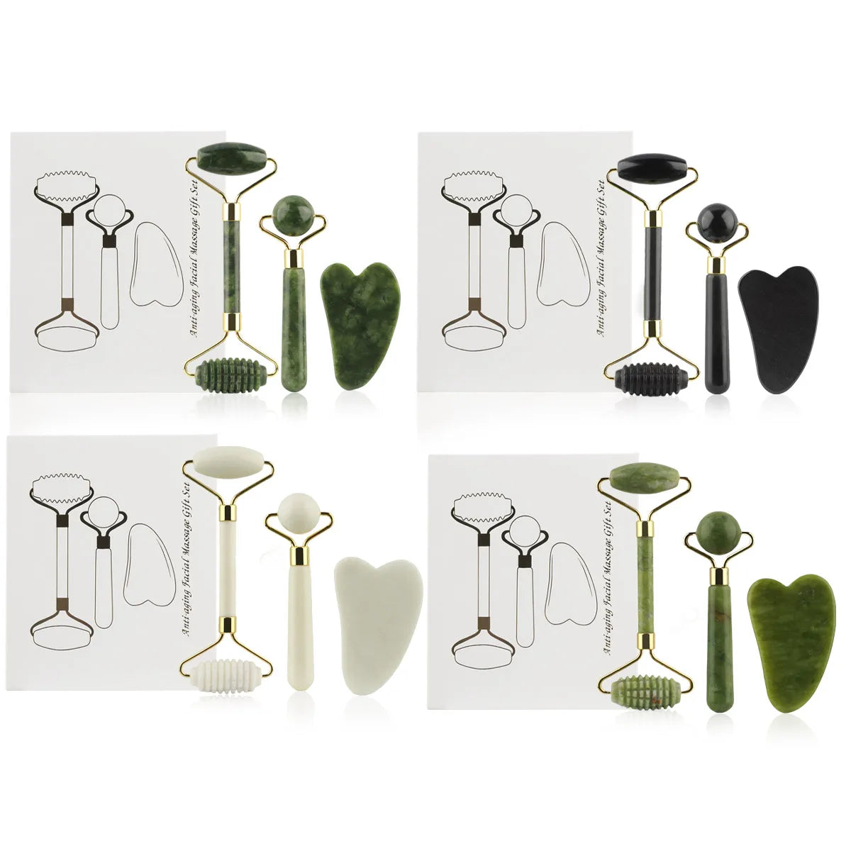 3 in 1 Jade Roller Set for face and eyes. Includes Gua Sha