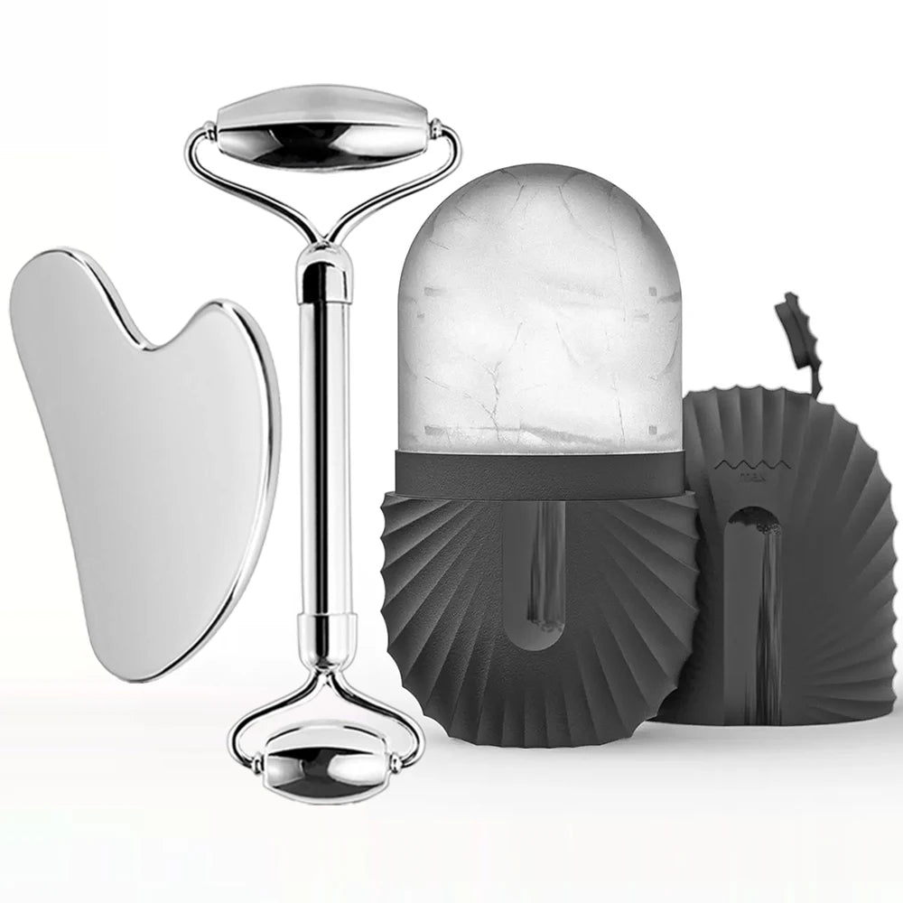 Ice Face Roller Set Stainless Steel Facial Roller and Gua Sha Tool
