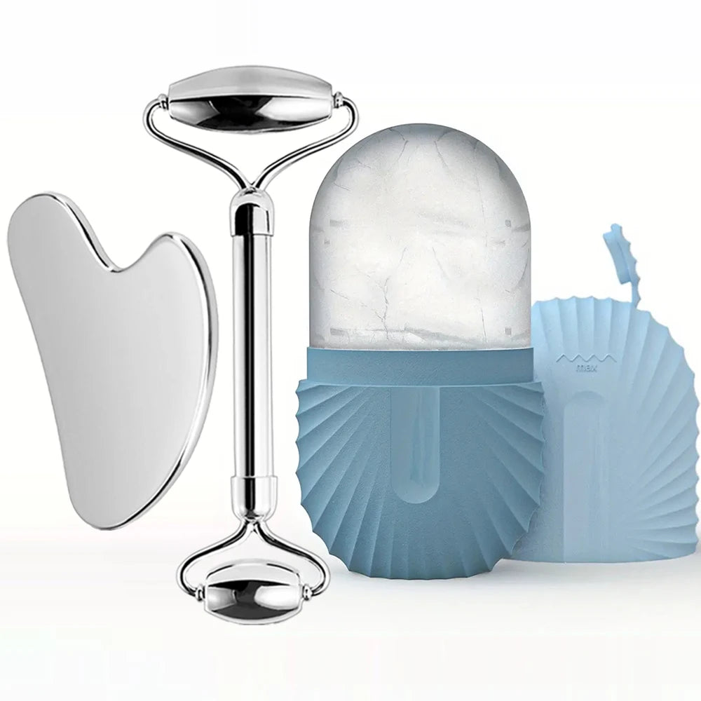 Ice Face Roller Set Stainless Steel Facial Roller and Gua Sha Tool