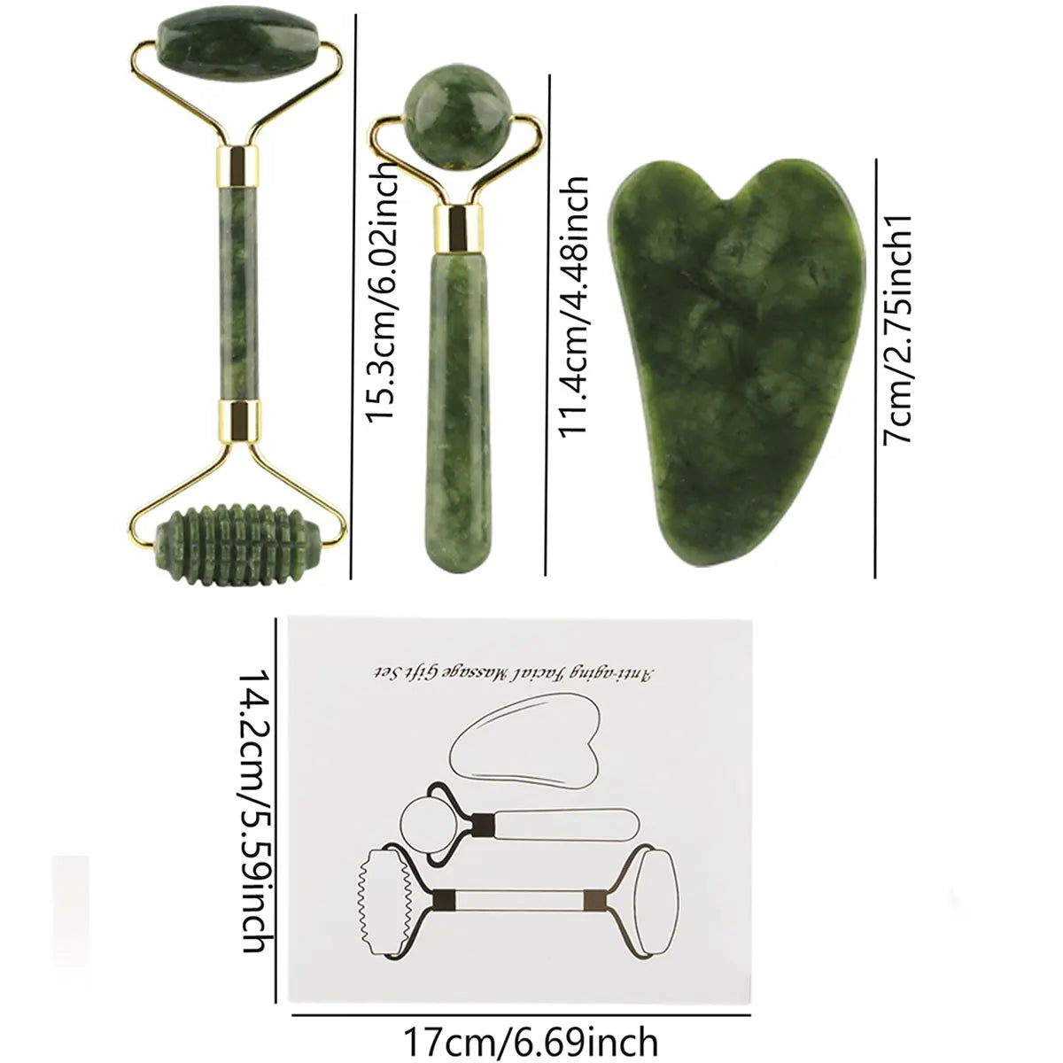 3 in 1 Jade Roller Set for face and eyes. Includes Gua Sha