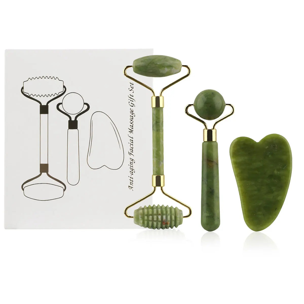 3 in 1 Jade Roller Set for face and eyes. Includes Gua Sha