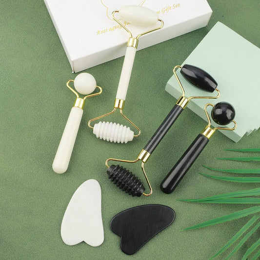 3 in 1 Jade Roller Set for face and eyes. Includes Gua Sha
